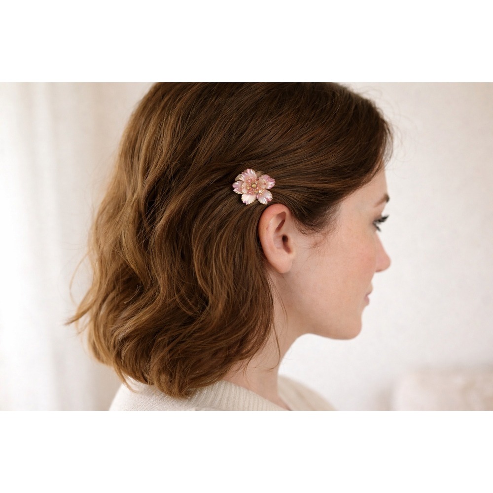 Vintage Park Lane Pink Floral Bobby Pin‎ Rhinestone Enamel Hair Clip Gold 1960s